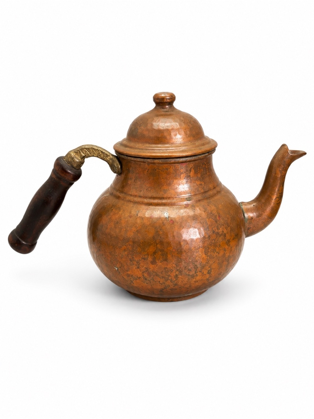 Vintage Hammered Copper Teapot Side Wood Handle Gooseneck Spout Rustic Farmhouse